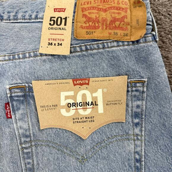 NWT Levi’s Jeans Mens 36x34 Blue 501 Straight Fit Button Fly Denim Casual Preppy - Picture 7 of 8